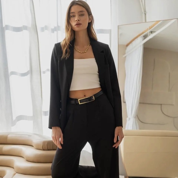 114. Black Blazer Jacket Coat Double Breasted Long Sleeve Pockets - Picture 4 of 4